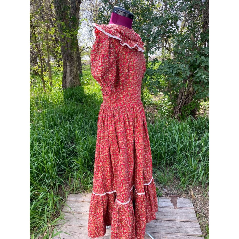 Vintage 1970s Peasant Maxi Dress Burgundy Cotton Paisley Flare - Picture 11 of 16